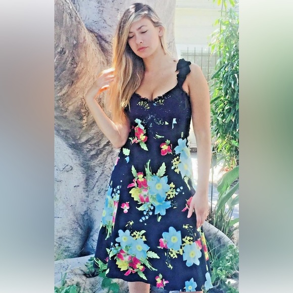 RICKIE FREEMAN for TERI JON Black Floral Print  Cotton Dress Black Lace 4 NWT - Picture 2 of 16